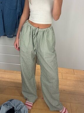 Casual Drawstring Wide-Leg Pants in Light Green Gingham